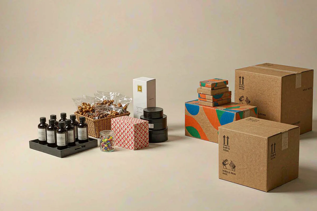 Photograph of sealed shipping cartons strapped together on a warehouse floor, prepared for one combined shipment.