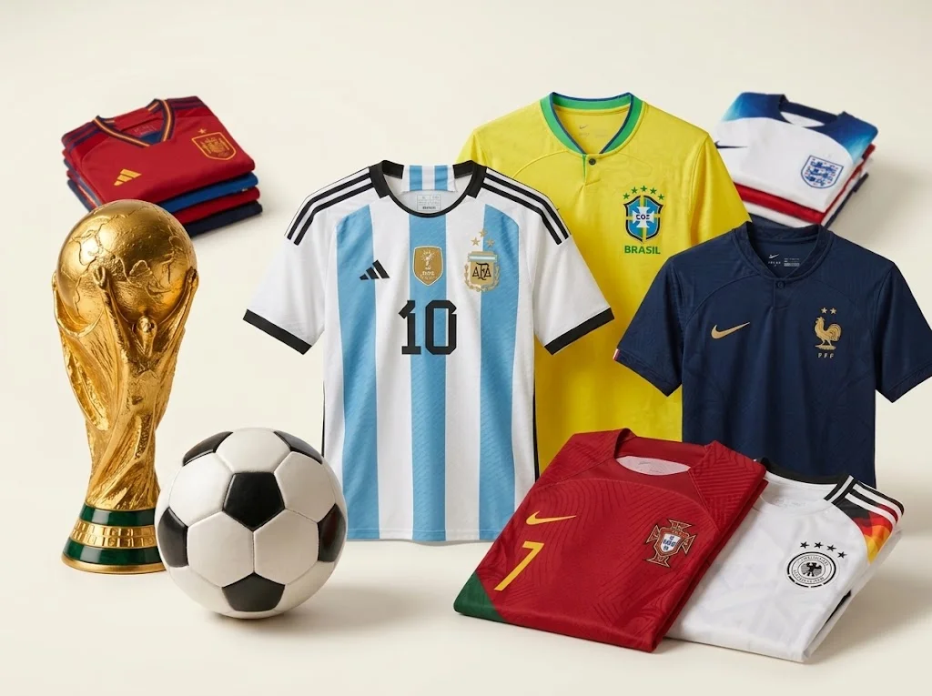 Photograph of a curated collection of generic football jerseys in several colours arranged with a football, representing a seasonal sportswear sourcing project.