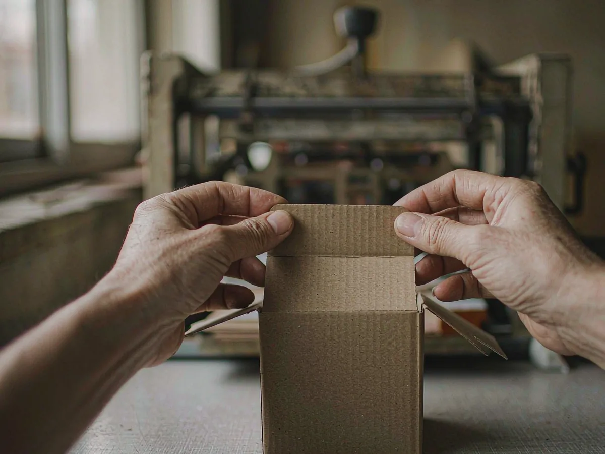 Hands folding a plain kraft carton on a bench, a die-cutting press soft in the background.