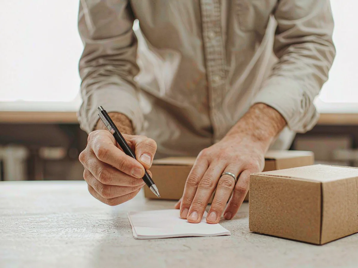 A hand ticking off a blank order sheet beside a closed carton on a bright packing table.