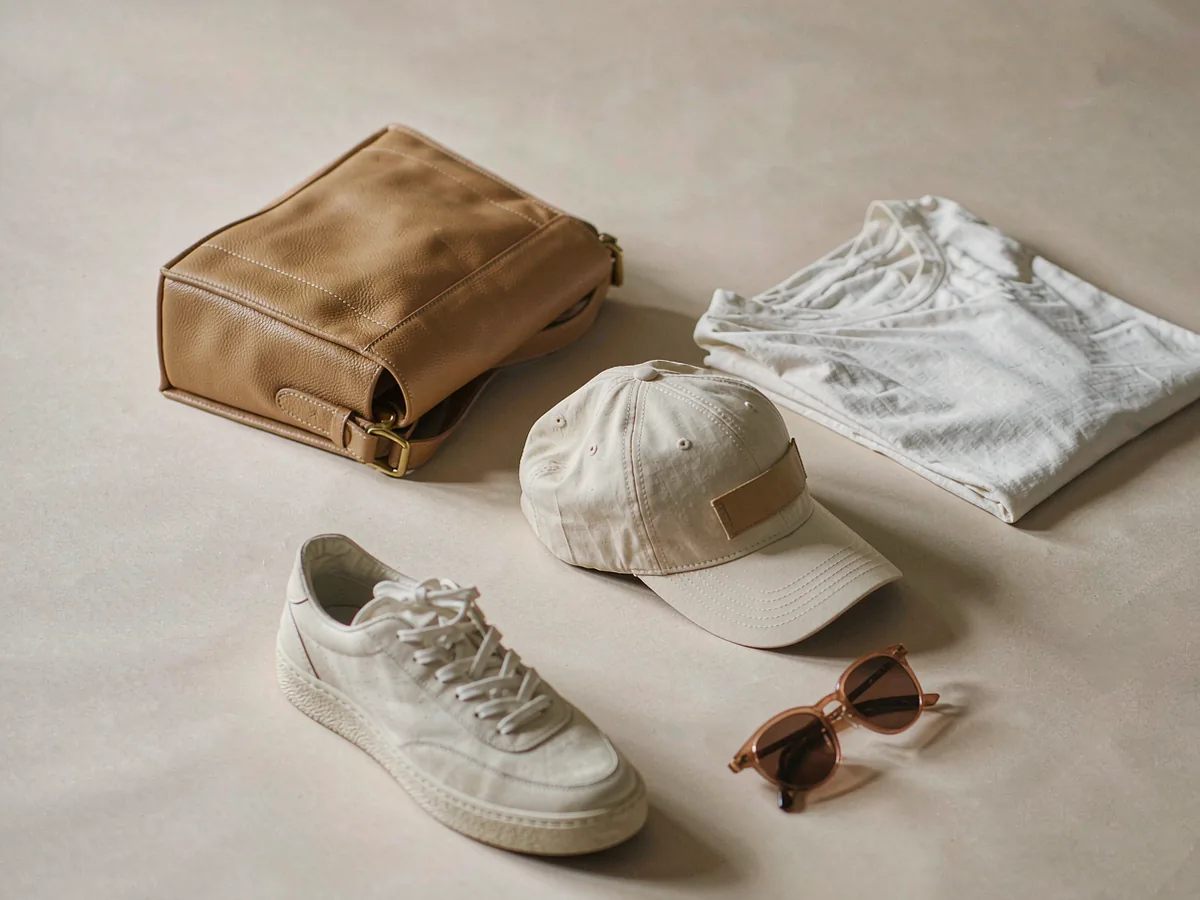 A leather handbag, a folded garment, a baseball cap, sunglasses and a sneaker arranged together on a pale surface.