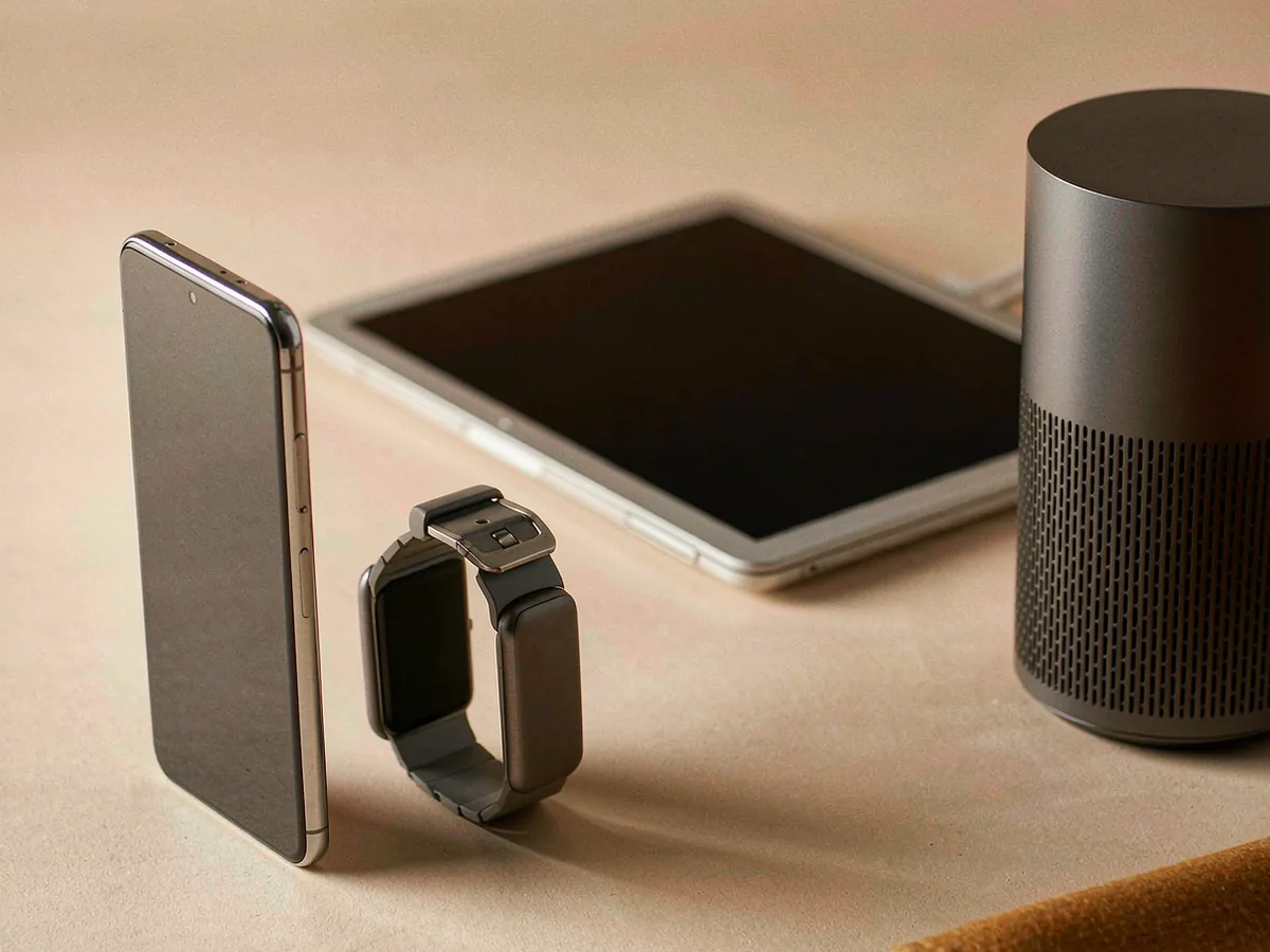 A laptop, a smartphone, a smartwatch and a speaker arranged together on a pale surface.